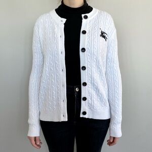 Burberry London logo cable knit button-down cardigan sweater. 🤍